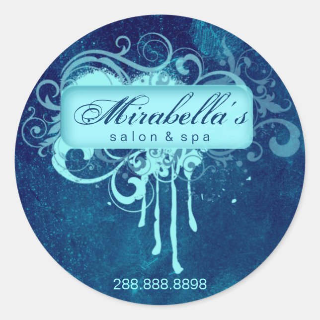 Grunge Blumenaufkleber Salon Wellness-Center Blau  Runder Aufkleber (Vorderseite)