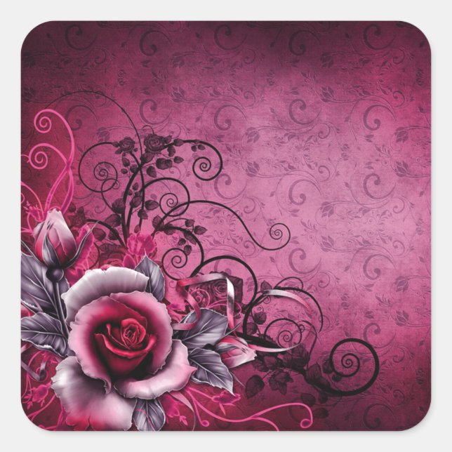 Grunge botanische Blumenmagenta Rosa Rose Quadratischer Aufkleber (Vorderseite)