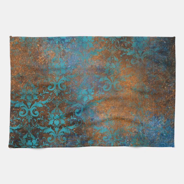 Grunge Brown Blue Floral Dekorationsmuster Geschirrtuch (Horizontal)