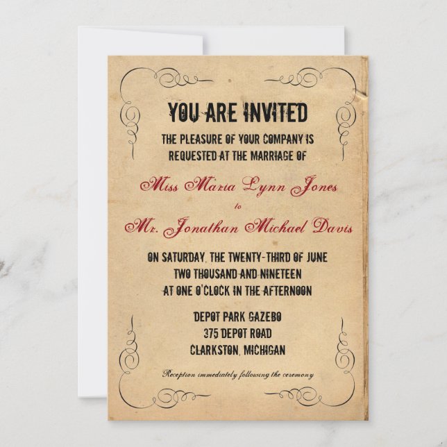 Grunge Brown Paper Wedding Einladung Rot (Vorderseite)