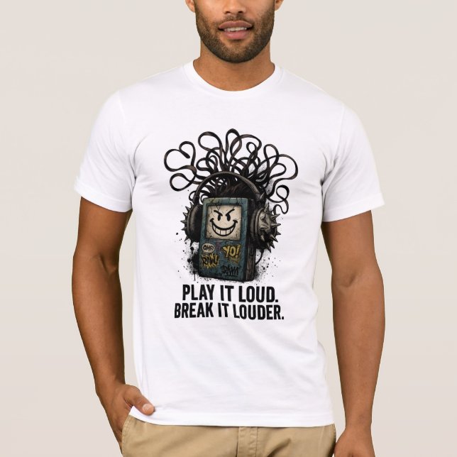 Grunge Cassette Player with Spiked Headphones T-Shirt (Vorderseite)
