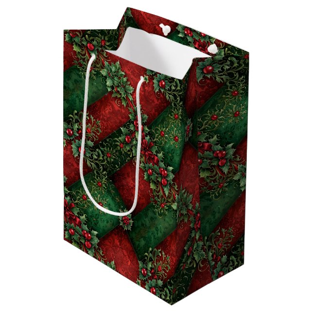 Grunge Christmas Holly Mittlere Geschenktüte (Vorderseite Schrägansicht)