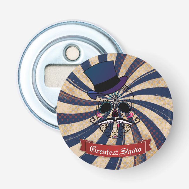 Grunge Circus Sugar Skull Ringmaster Custom Text Flaschenöffner (Vorderseite)