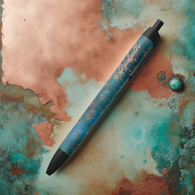Grunge Copper Patina & Turquoise Verdigris Damask Kugelschreiber (Grunge Copper Patina and Turquoise Damask Black Ink Pen)