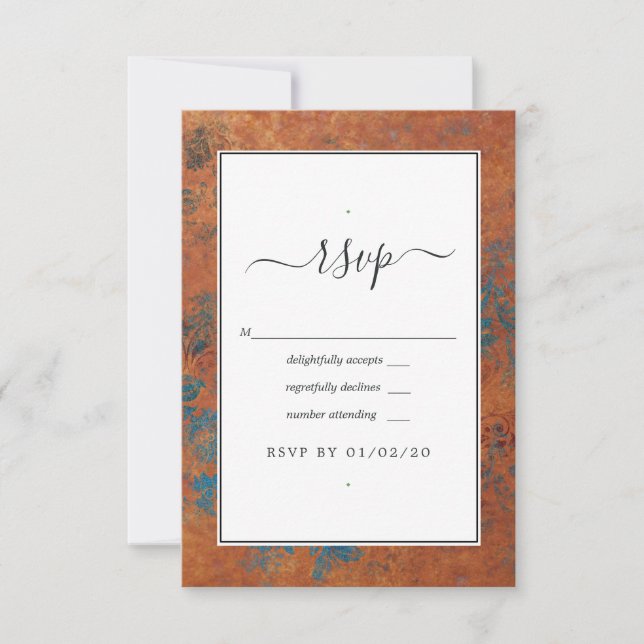 Grunge Copper Patina und türkisfarbene Hochzeit RSVP Karte (Vorderseite)