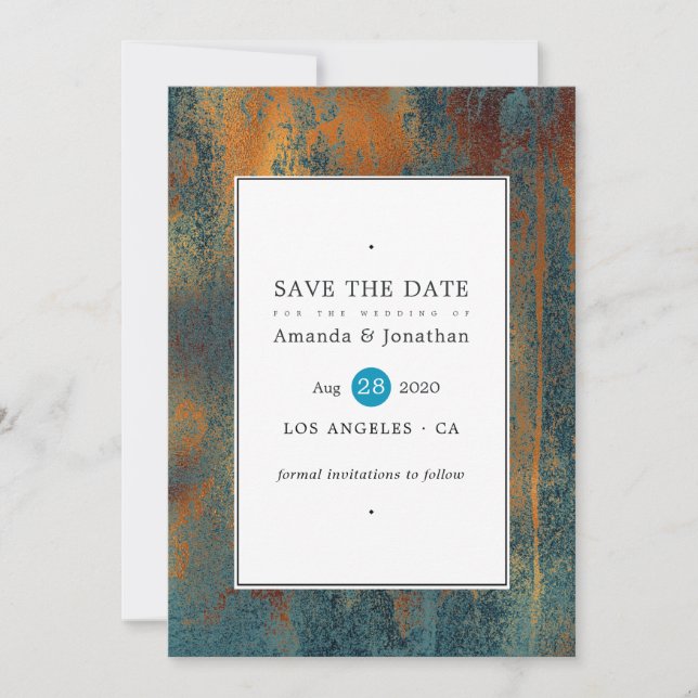 Grunge Copper Patina und türkisfarbene Hochzeit Save The Date (Vorderseite)