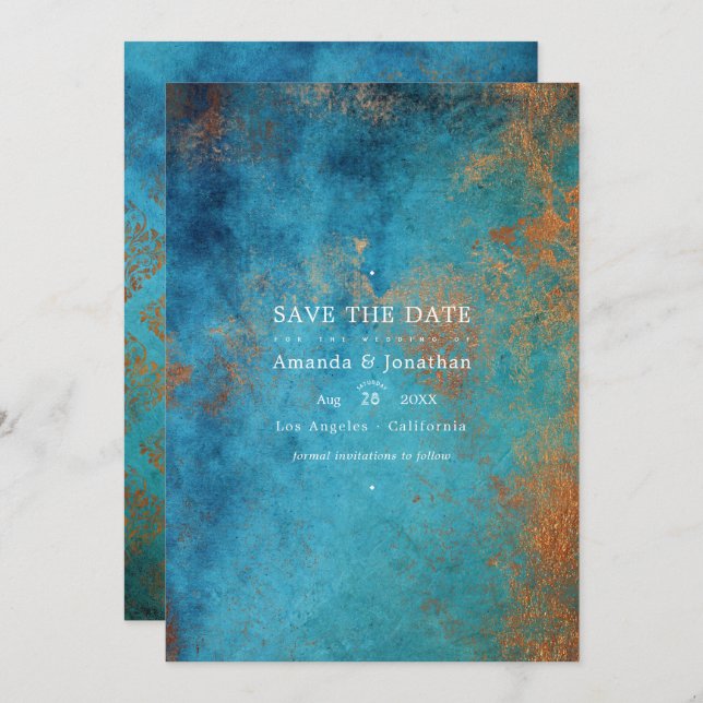 Grunge Copper Patina und türkisfarbene Hochzeit Save The Date (Vorne/Hinten)