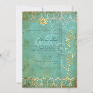 Grunge Damask Bat Mitzvah/aquamarin/gold Einladung