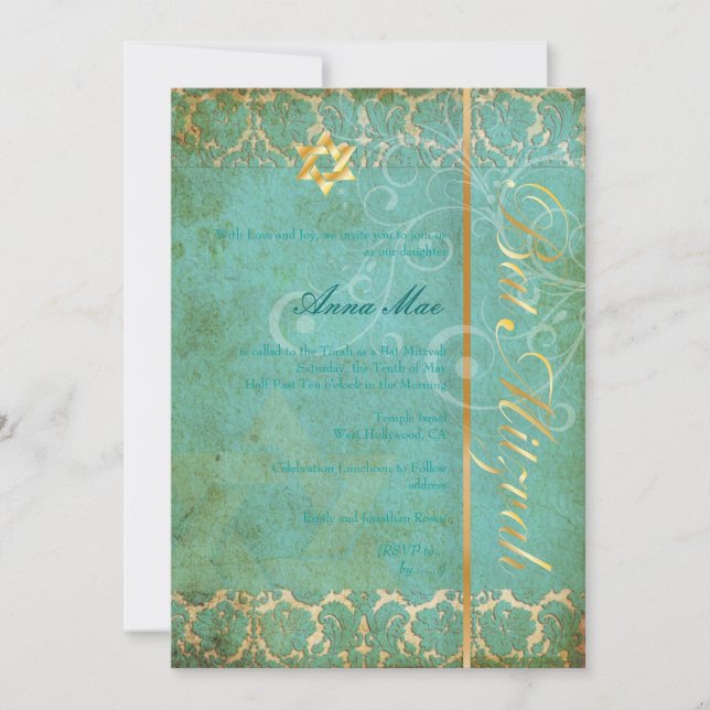Grunge Damask Bat Mitzvah/aquamarin/gold Einladung (Vorderseite)