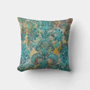 Grunge Damast Aqua Viridian Senf Terrakotta Kissen