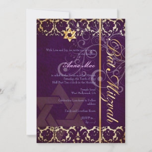 Grunge Damast Bat Mitzvah/Pflaume/Gold Einladung