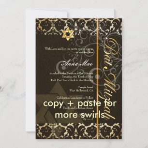 Grunge Damast Bat Mitzvah/schwarz/gold Einladung