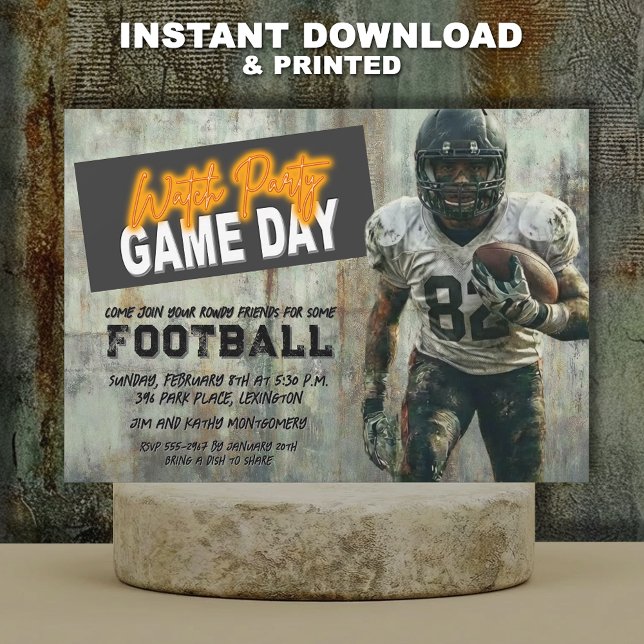 Grunge Football Super Player Party Einladung (Grunge American football player Super Bowl party invitations - INSTANT DOWNLOAD and/or PRINTED)
