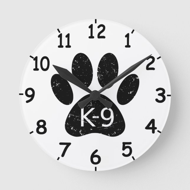 Grunge gestörter Hund Paw K-9 Runde Wanduhr (Vorderseite)