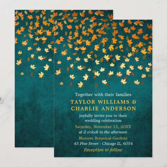 Grunge Gold und Aquamarine Hochzeit im Herbst Einladung (Vorne/Hinten)