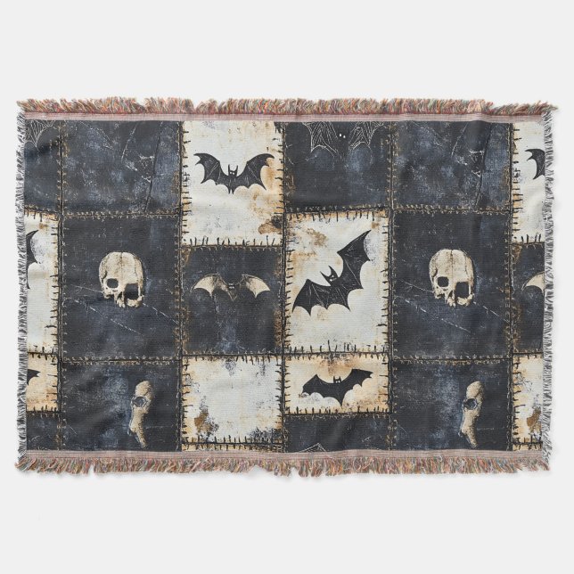 Grunge Gothic Bats & Skulls Denim Muster Decke (Vorderseite)