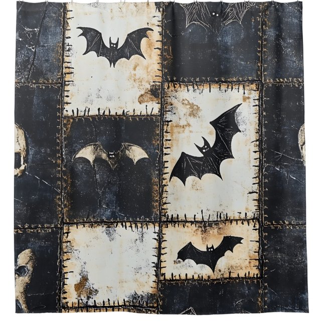 Grunge Gothic Bats & Skulls Denim Muster Duschvorhang (Vorderseite)