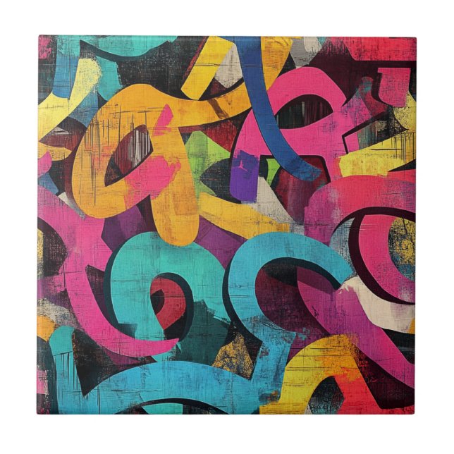 Grunge Graffiti Abstract in Rosa Gelb Blau Fliese (Vorderseite)