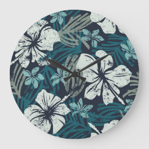 Grunge Hibiskus, tropische Blumen Tapete. Große Wanduhr