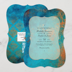 Grunge Kupfer-Patina und Türkis QR-Code-Hochzeit Einladung