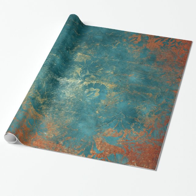 Grunge Kupfer Patina und türkisfarbene Damaske Geschenkpapier (Ungerollt)