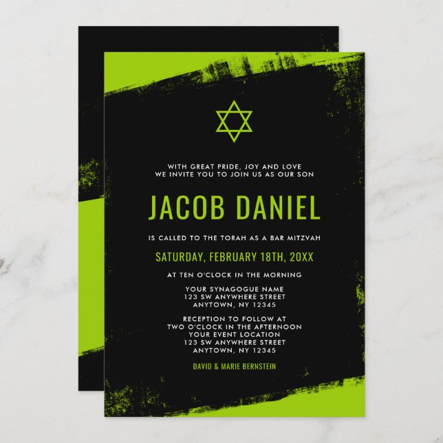 Grunge Lime Green Black Bar Mitzvah Einladungen (Vorne/Hinten)
