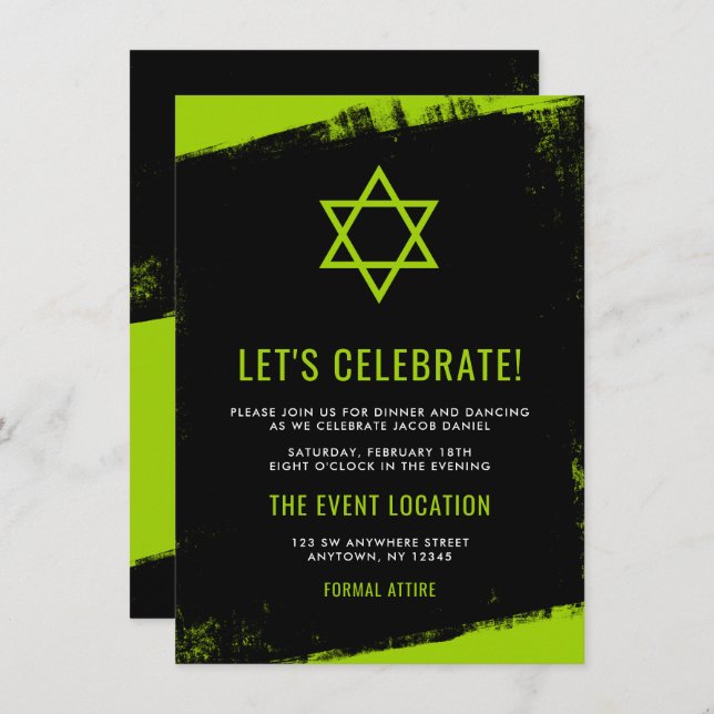 Grunge Lime Green Black Bar Mitzvah Empfang Einladung (Vorne/Hinten)