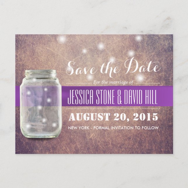 Grunge Mason Jar & Fireflies Save the Date Ankündigungspostkarte (Vorderseite)