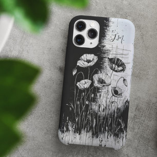 Grunge Mohn Schwarz Weiß Monogramm Benutzerdefinie iPhone 16 Hülle