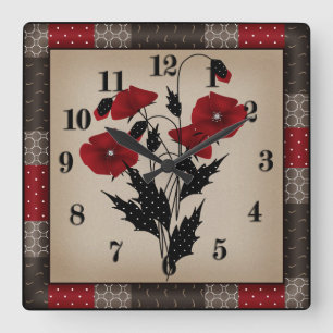 Grunge oldish retro vintage poppies red flowers fl quadratische wanduhr
