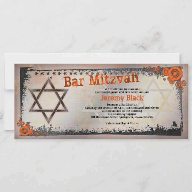 Grunge Orange, Schwarz, Grau Bar Mitzvah Einladung (Vorderseite)
