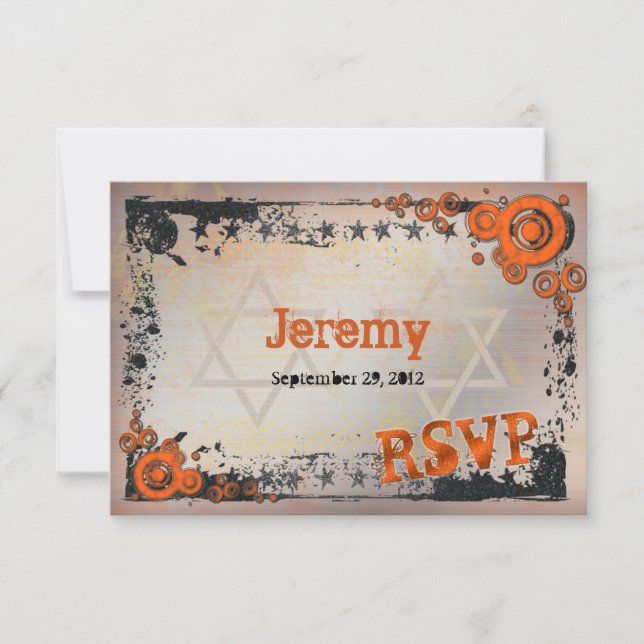Grunge Orange, Schwarz, Grau Bar Mitzvah RSVP Card (Vorderseite)