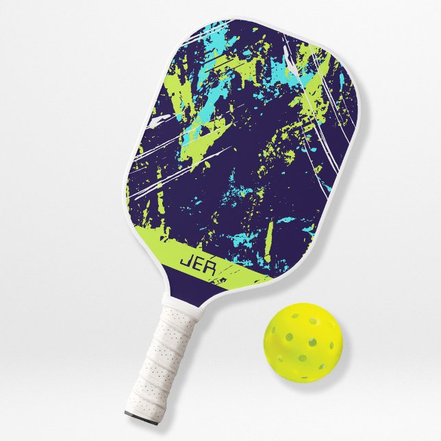 Grunge Paint Splash Monogram Initials Blue Sports Pickleball Schläger (Von Creator hochgeladen)