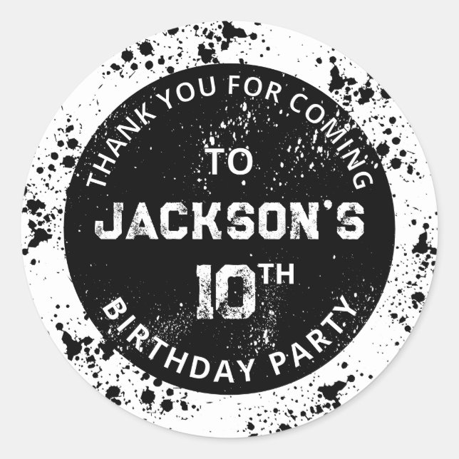 Grunge Paint Splatter Black & White Birthday Runder Aufkleber (Vorderseite)