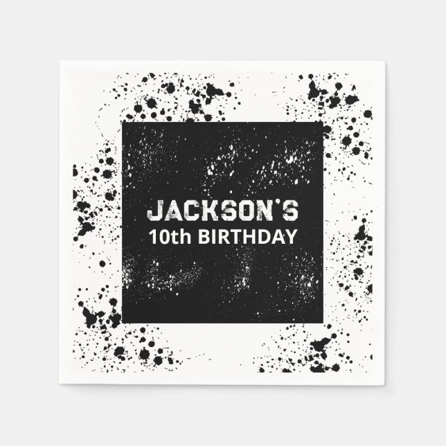 Grunge Paint Splatter Black & White Birthday Serviette (Vorderseite)