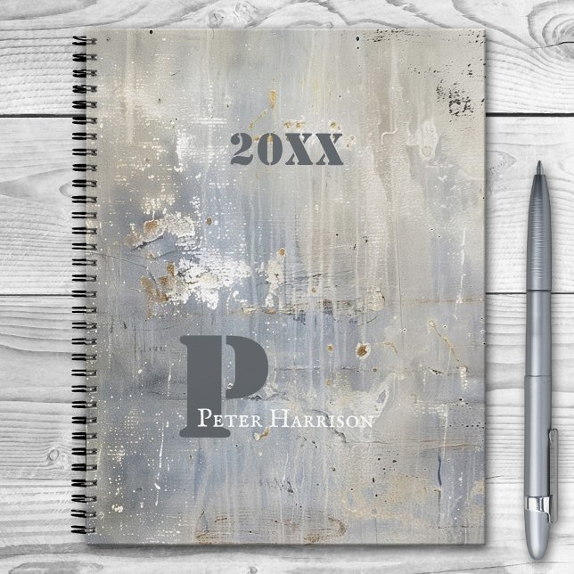 Grunge Painterly Blue Gray Planer (Planner featuring a grunge design in a loose painterly style in blue grey and off-white colors)