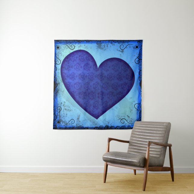 Grunge Paisley Blue Heart Wandteppich (Beispiel (Horizontal))