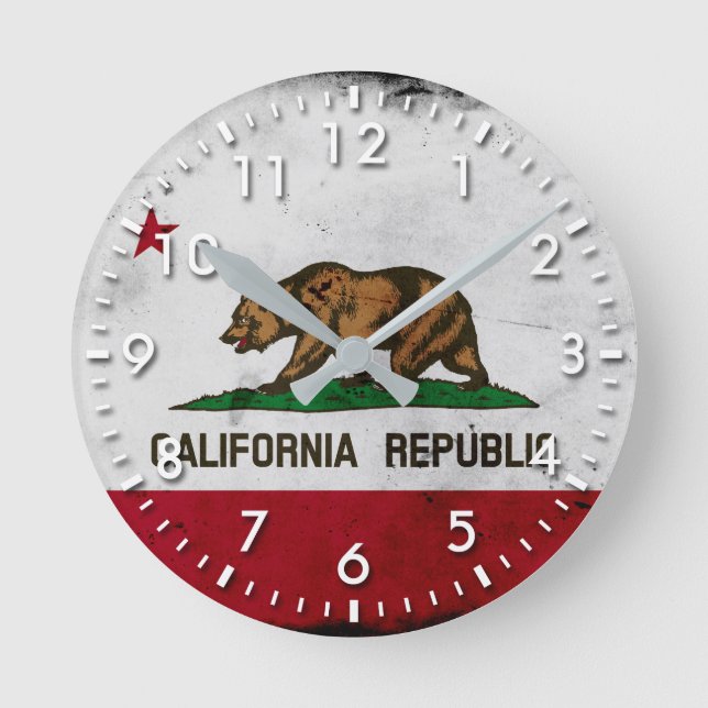 Grunge Patriotic California State Flag Runde Wanduhr (Vorderseite)