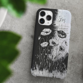 Grunge Poppy Schwarz-weiß Monogram Individuelle Na iPhone 16 Hülle
