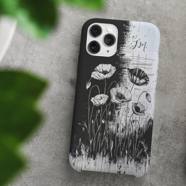 Grunge Poppy Schwarz-weiß Monogram Individuelle Na Case-Mate iPhone Hülle (Von Creator hochgeladen)