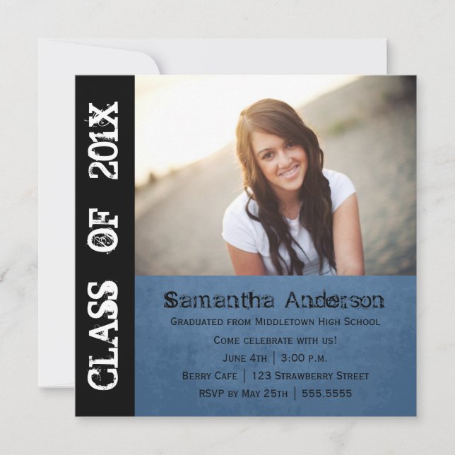 Grunge-Punkfelsen-Abschluss-Einladung - Blau Einladung (Vorderseite)