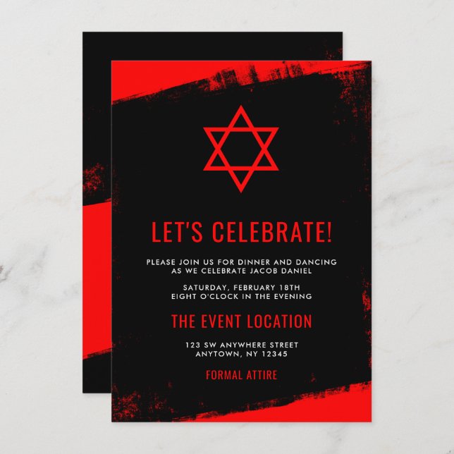 Grunge Red Black Bar Mitzvah Empfang Einladung (Vorne/Hinten)
