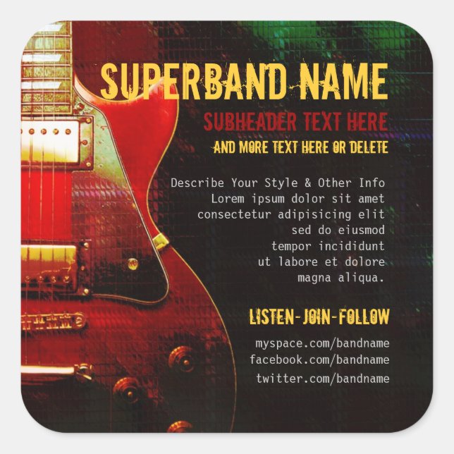 Grunge Red Guitar Super Band Square Promo Sticker (Vorderseite)
