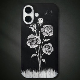 Grunge Rose Schwarz-weiß Monogramm Individuelle Na iPhone 16 Hülle