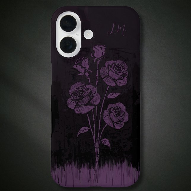 Grunge Rose Schwarzer Lila Monogramm-Individuelle  Case-Mate iPhone Hülle (Von Creator hochgeladen)