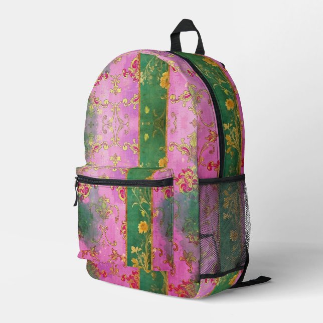 Grunge - Rucksack - Wild rosa grüne Damask - Rucks (Rückseitige Ecke Rechts)