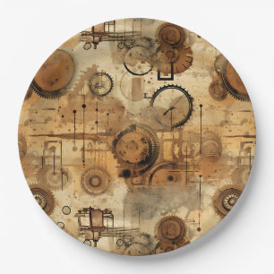 Grunge Rustic Steampunk-Uhr Pappteller