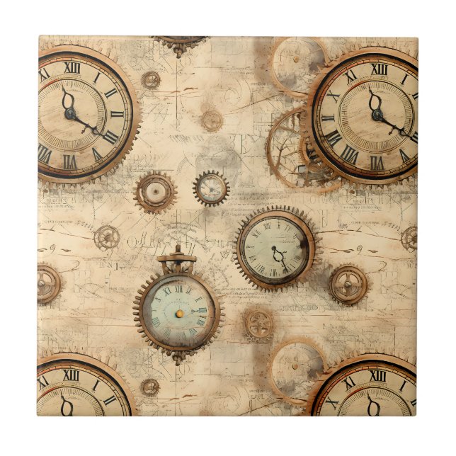 Grunge Rustikale Steampunkuhr (6) Fliese (Vorderseite)