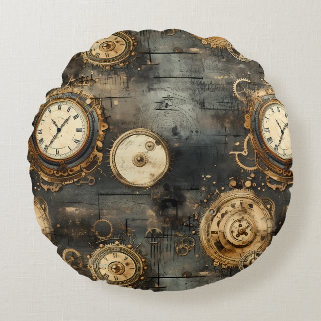 Grunge Rustikale Steampunkuhr (8) Rundes Kissen (Vorderseite)