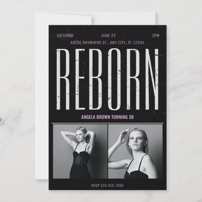 Grunge, schwarzer Geburtstag wiedergeboren Einladung (Vorderseite)